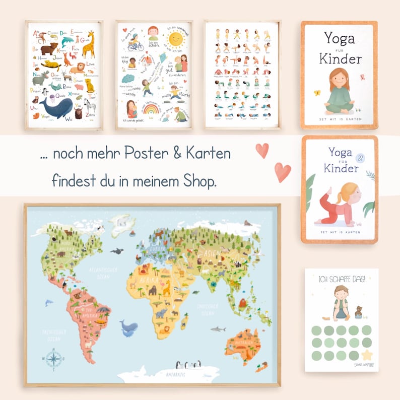 May include: A collection of children's educational posters and cards. The image includes framed posters with animal alphabet, activity illustrations, and yoga poses. Also featured are yoga cards and a world map with animal illustrations. The text reads "Yoga for Kinder" and "Ich schaffe das!"
