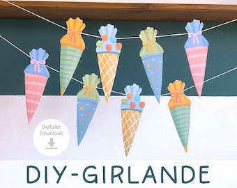 Garland for school cones, pennant banner for the start of school, decorations for boys and girls starting school, DIY printable decorations for schoolchildren
