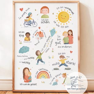May include: A framed print with colorful illustrations and German text. The artwork features children, a sun, a rainbow, and other images with positive affirmations like "I am strong" and "I am loved." The print has a wooden frame.