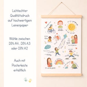 May include: A poster with a wooden frame and a string for hanging. The poster features colorful illustrations of children, a sun, a house, and a rainbow, with German text. The poster is printed on linen paper.