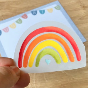 Op de afbeelding: Een regenboog sticker met een klein blauw hartje in het midden. De regenboog heeft vijf kleurbanden: rood, oranje, geel, groen en blauw.