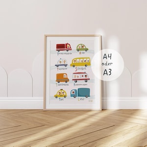 Poster Autos Kinderzimmer Junge, Illustration Fahrzeuge, LKW, Feuerwehr, Polizei, Krankenwagen