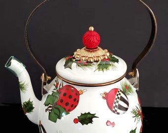 Mackenzie Childs Tea Kettle teapot Deck The Halls 2 qt, wood handle NEW in box unused Gift!