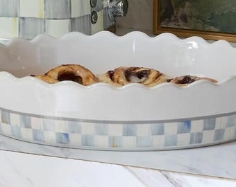 Mackenzie Childs Sterling Check Everyday handled ceramic oval baker 15"x10" NEW unused
