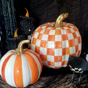 Mackenzie Childs Classic orange stripe small & check medium pumpkin set of 2 NEW in box! image 1