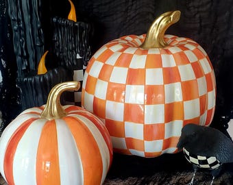 Mackenzie Childs Classic orange stripe small & check medium pumpkin set of 2 NEW in box!