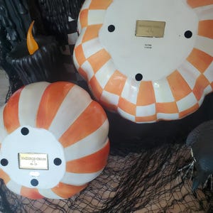 Mackenzie Childs Classic orange stripe small & check medium pumpkin set of 2 NEW in box! image 3