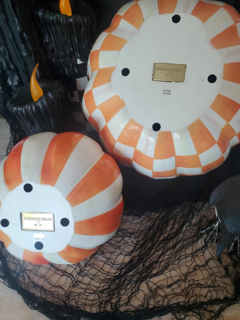 Mackenzie Childs Classic orange stripe small & check medium pumpkin set of 2 NEW in box! image 3