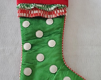 Mackenzie Childs Check It Out Green & White Polka Dot handmade India Stocking 20"L 7"W NEW with tags!