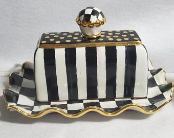 Mackenzie Childs handmade and painted Courtly Check ceramic Courtly Check Butterhouse butter dish set New!