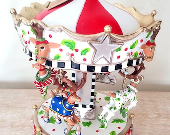 Mackenzie Childs Patience Brewster Handmade and painted Dash Away rotating Carousel musical box NEW in Box! GIFT