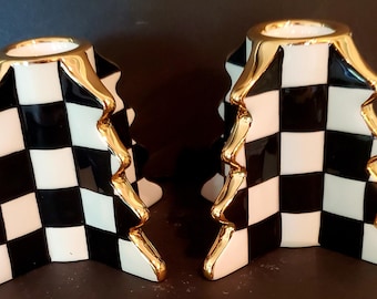 Mackenzie Childs Courtly Check Tree Candle Holders 3" H 2,75" B set van 2 NIEUW in doos, CADEAU!