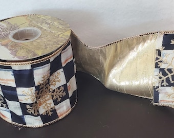 Mackenzie Childs Courtly check embroidered snowflake fabric wire 4" ribbon 5 yards NEW unused