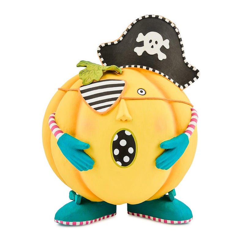 May include: A quirky, yellow pumpkin ornament wearing a pirate hat, eye patch, and blue gloves and shoes. The pumpkin has a surprised expression with a black and white polka-dot mouth. The pirate hat features a skull and crossbones.