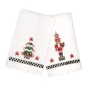Mackenzie Childs Nutcracker & Christmas Tree GUEST TOWELS Set of 2 NEW 14&quot; x 22&quot;