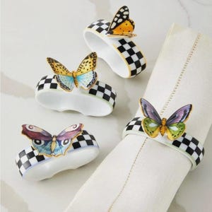 Mackenzie Childs Butterfly Toile Napkin Rings Set of 4 NEW IN BOX gift!
