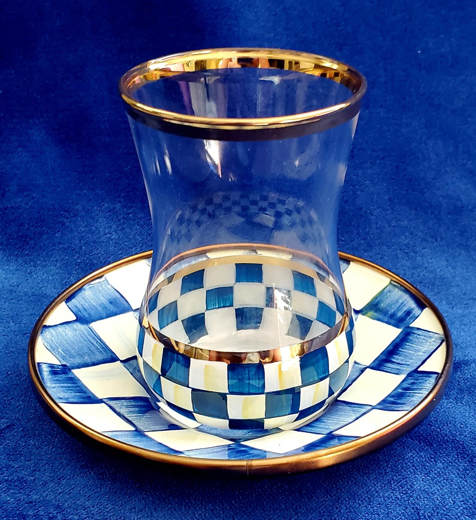 Mackenzie Childs Hand Painted Royal Blue Check Tea Glass and Saucer Set ...
