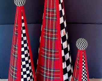 Mackenzie Childs Tartastic fabric cone trees 25" 19" 13" set of 3 NEW with tags!