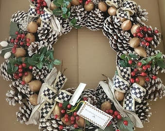 Mackenzie Childs 16" Pinecone handmade wreath courtly check ribbon Christmas NEW in box!