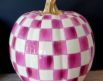 Mackenzie Childs purple PLUM Check fall Halloween Pumpkin 8" H, 7" W New in Box GIFT!