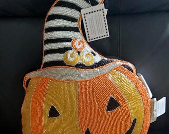 Mackenzie kinderhandgemaakt en met kralen gemaakt in India Happy Jack-pompoensierkussen 18 x 14 inch Nieuw met label!