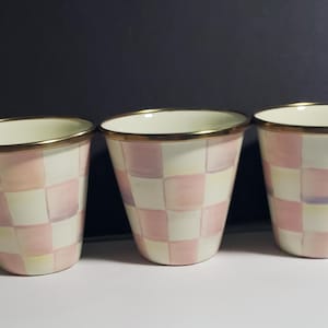 Mackenzie Childs Rosy Check pink enamel herb pot s set of 3, 3.25"H 3.5"W 8 oz. NEW! GIFT! image 1