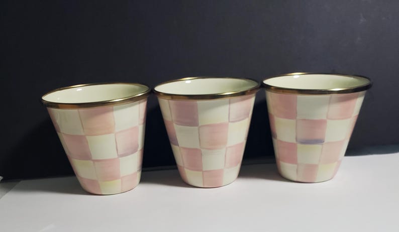 Mackenzie Childs Rosy Check pink enamel herb pot s set of 3, 3.25"H 3.5"W 8 oz. NEW! GIFT! image 1