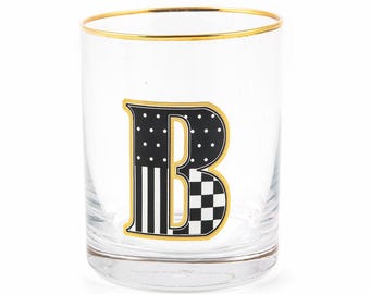 Mackenzie Childs Monogramm B Glas 4 "hoch 3,25 "W Becher 14 Unzen Neu in Box GESCHENK! unbenutzt