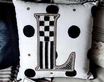 Mackenzie Childs Handmade Monogram 16"x16" beaded throw pillow "L" New with tags! GIFT!