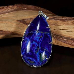 Large Azurite silver pendant.High quality Azurite silver necklace from Altai mountains.