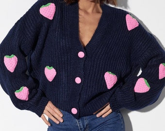 strawberry sweater , cute sweater,  valentine sweater,  colorful sweater, cardigan, preppy sweater, cozy sweaters