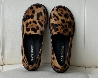 Leopard shoes, loafers, leather shoes, womens shoes, shoes women flats, handmade shoes, casual shoes, black shoes, animal print