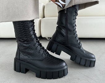 combat boots leather boots womens shoes handmade shoes fall clothing black boots