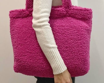 Pink Bag, Teddy Bag , Shoulder Bag, Cute Tote Bag, Fluffy bag, Shopper Bag, LapTop Bag