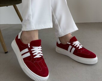 sneakers, red sneakers, red shoes, women shoes, leather shoes, shoes, old money, summer shoes