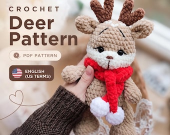 Crochet Plush Deer Pattern with Scarf: Amigurumi Reindeer (PDF Pattern)