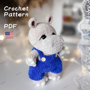 Crochet Hippo Pattern PDF: Amigurumi Plush Toy in Jumpsuit