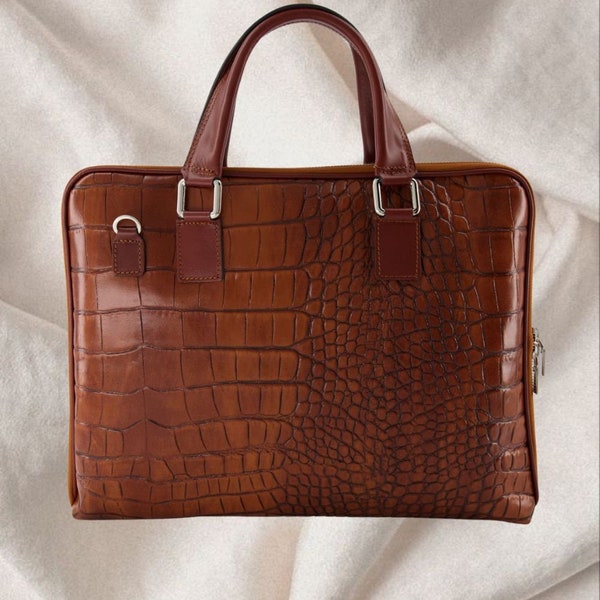 Leder Kroko Aktentasche, Laptop-Tasche, Krokodildruck, Cognac, Braun, schwarze Ledertasche, handgefertigt in Italien, schick, professionell, Luxe Office