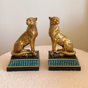 Gold Leopard Bookend Pair, Luxe Shelf Decor, Leopard Sculpture, Bookend Set, Safari Chic, Panther Pair, Hollywood Regency, Animal Decor