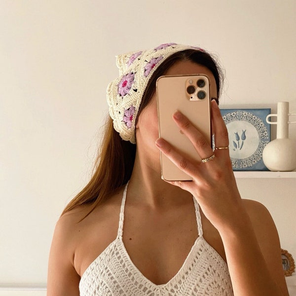 Crochet Bandana Meadow, White Lilac Floral Cotton Crocheted Hair Scarf, Boho Chic, Bohemian, Relaxed Style, Festival, Beachy, Hand Knitted