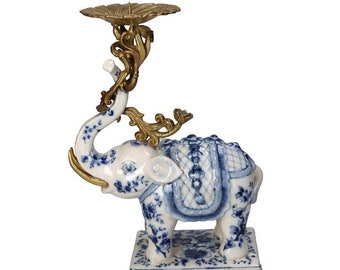 Porcelain Elephant Brass Candle Holder, Animal Candlestick, Hollywood Regency Decor, Luxe, Decorative, Boho, Vintage Style, Statement Piece