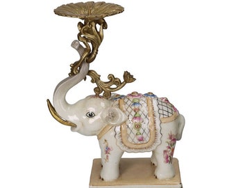 Porcelain Elephant Brass Candle Holder, Animal Candlestick, Hollywood Regency Decor, Luxe, Decorative, Boho, Vintage Style, Statement Piece