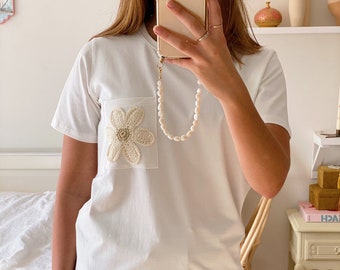 Floral Flair Tee, White Cotton Tee with Crochet Flower, Basic, Versatile, Feminine, Embroidered, Comfy, Boho, Neutral Style, Spring, Summer