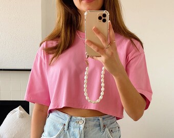 Relaxed Tee, 100% Cotton, Bubblegum Pink Cropped T-shirt, Comfy, Festival, Beachy, Oversized, Casual, Pink Lover, Spring, Summer Wardrobe