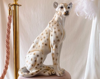 Estatua de leopardo de Hollywood Regency, escultura de leopardo de las nieves, pantera, gato montés, figura de animal, lujo, decoración de glamour, estilo vintage, único