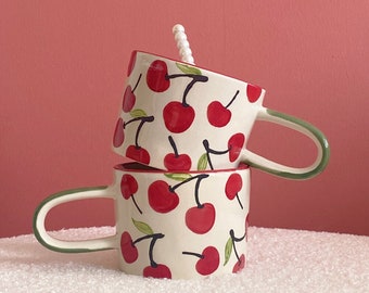 Mug cerise, peint à la main, café, thé, charmant, mignon, adorable, sucré, accessoire de cuisine fruité, décoration cerises, vaisselle, verres, cadeau