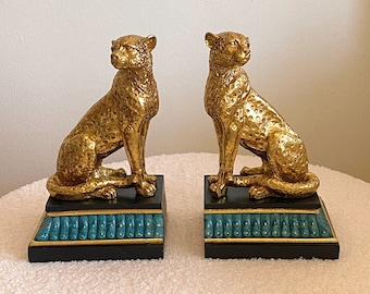 Gold Leopard Buchstützen, Luxe Regal Dekor, Leopard Skulptur, Buchstützen Set, Safari Chic, Panther Paar, Hollywood Regency, Tier Dekor