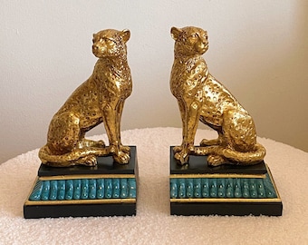 Gold Leopard Bookend Pair, Luxe Shelf Decor, Leopard Sculpture, Bookend Set, Safari Chic, Panther Pair, Hollywood Regency, Animal Decor