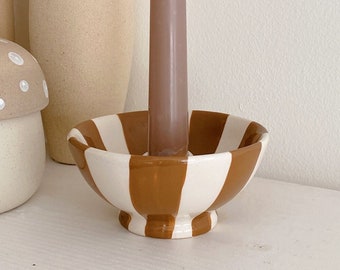 Cinnamon Spice Candle Holder, Brown White Stripe Candle Holder, Aesthetic Candle Holder, Hand Painted Candle Holder, Striped Candle Holder