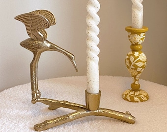 Portavelas de pájaro grúa de oro, portavelas de latón, candelabro en forma de pájaro, artístico, elegante, escultórico, decorativo, regalo para amantes de las aves